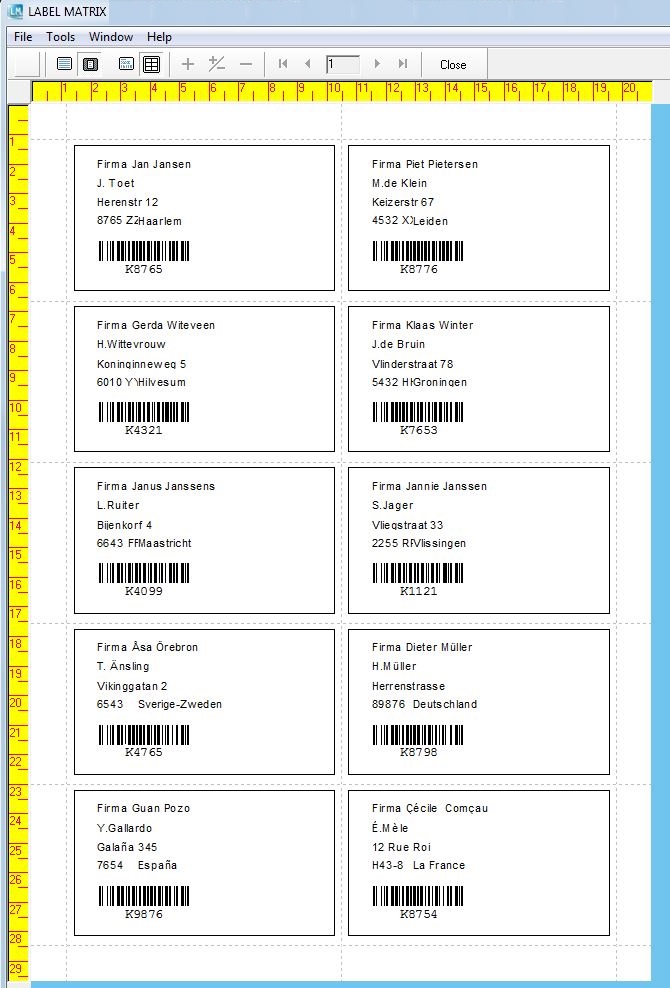 Respectvol Vermomd Matron A4 stickervellen met barcode, ontwerpen en printen met Label Matrix voor  Windows.